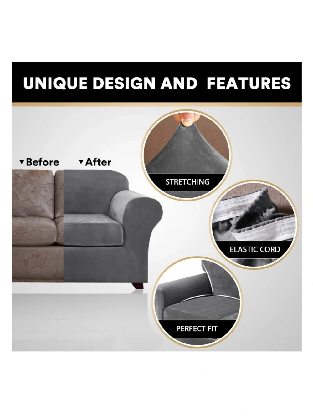 Modern Sofa Slipcover Pet-Friendly 3 Pc. Set SIZE LARGE 72-90” - GRAY VELVET